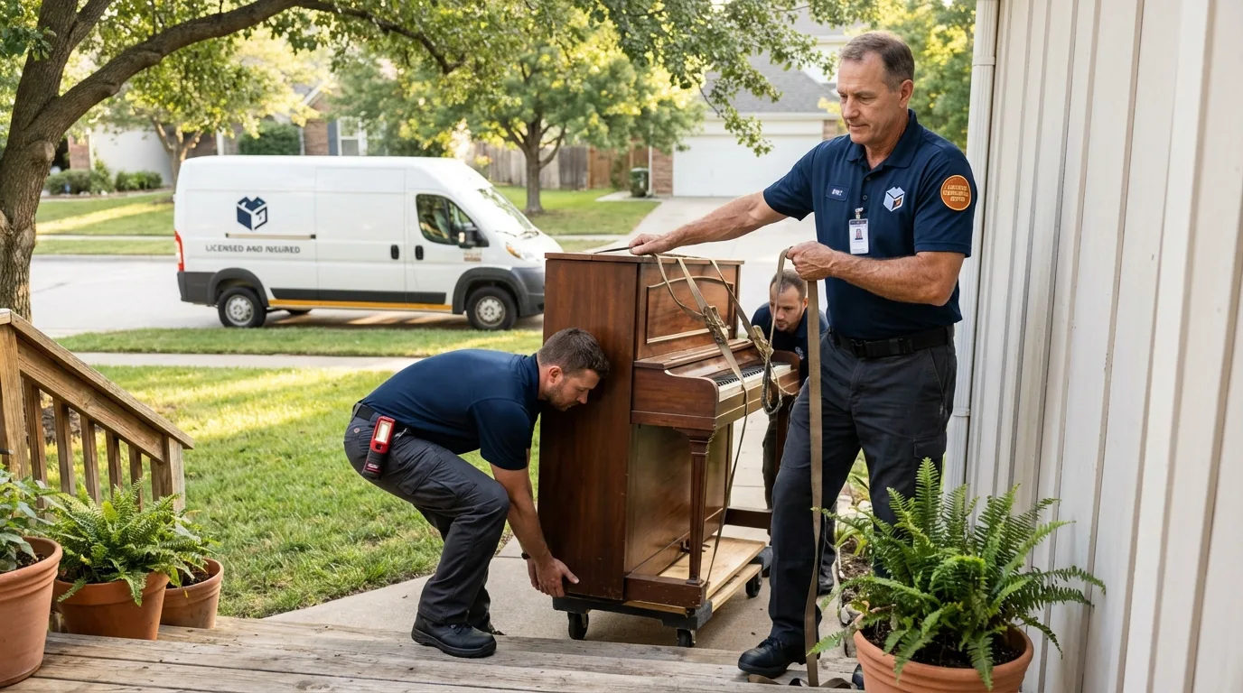 Licensed piano movers securing grand piano in Farmerville, LA
