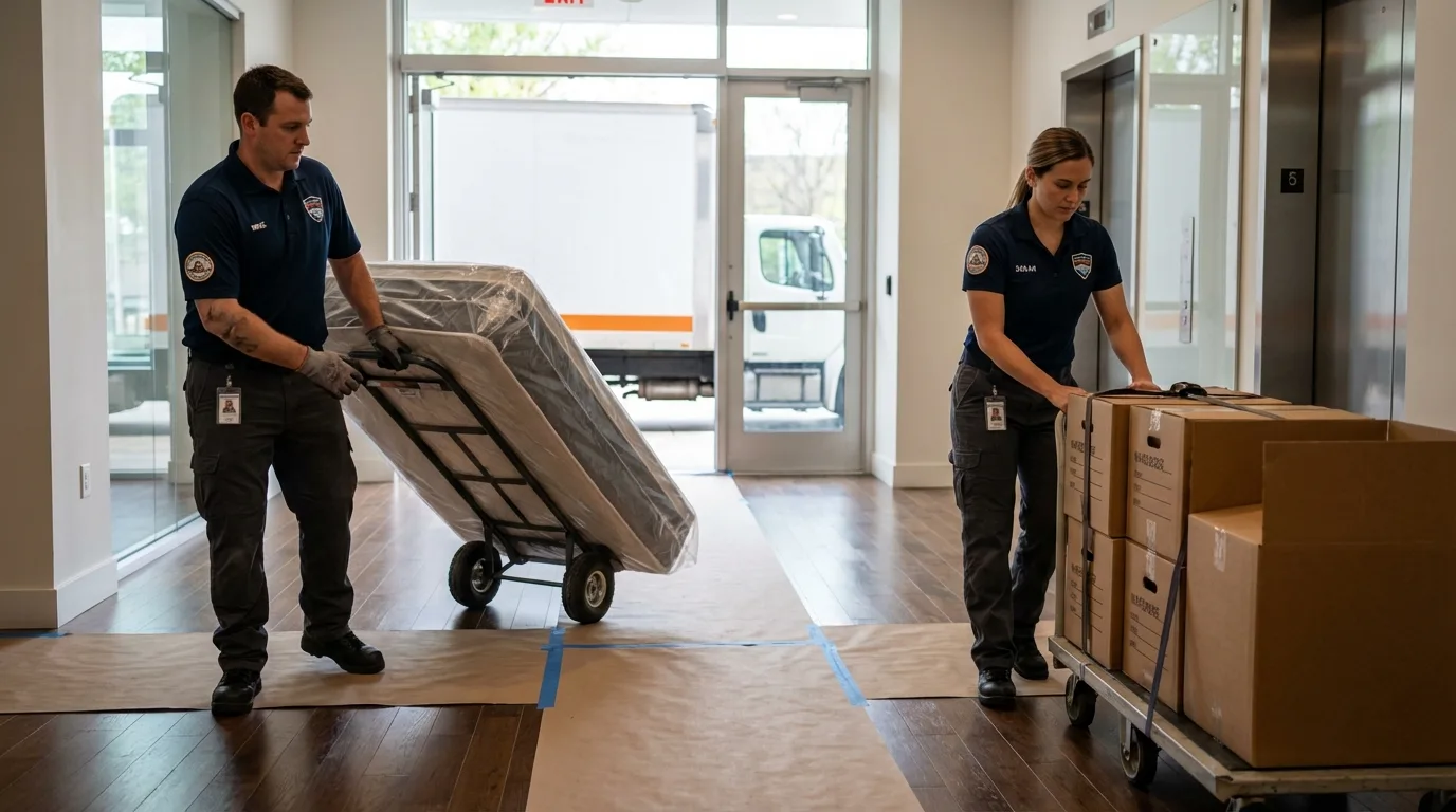Professional apartment movers loading elevator in Farmerville, LA