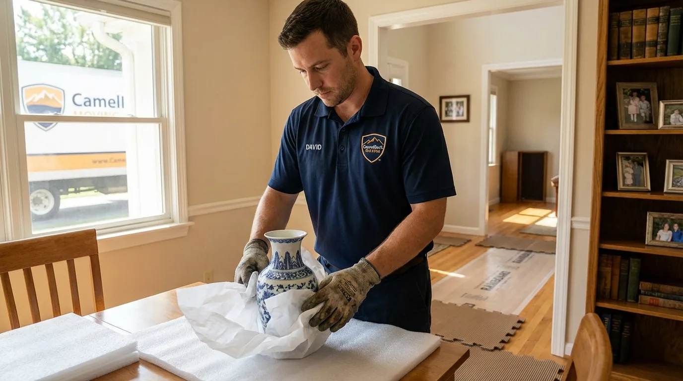 Professional crew carefully wrapping antique vase for senior downsizing move in Farmerville, LA